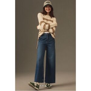 Pilcro Anthropologie Longline Cable Stitch Sweater Ivory Beige Stripe Oversized